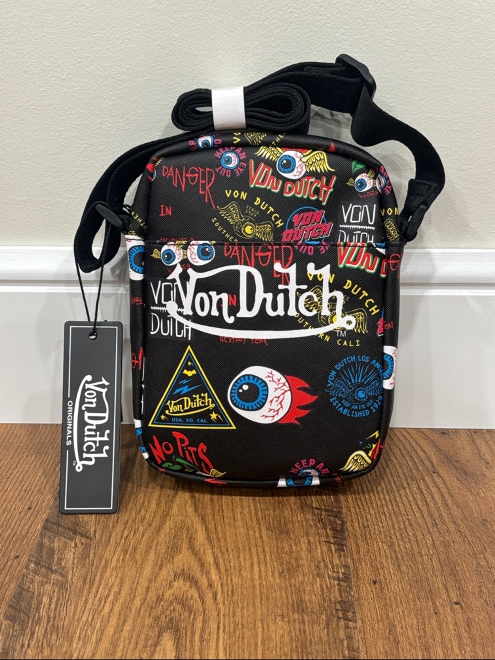 Von Dutch Black Flying Eyeball Graphic Logo Mini Crossbody Bag